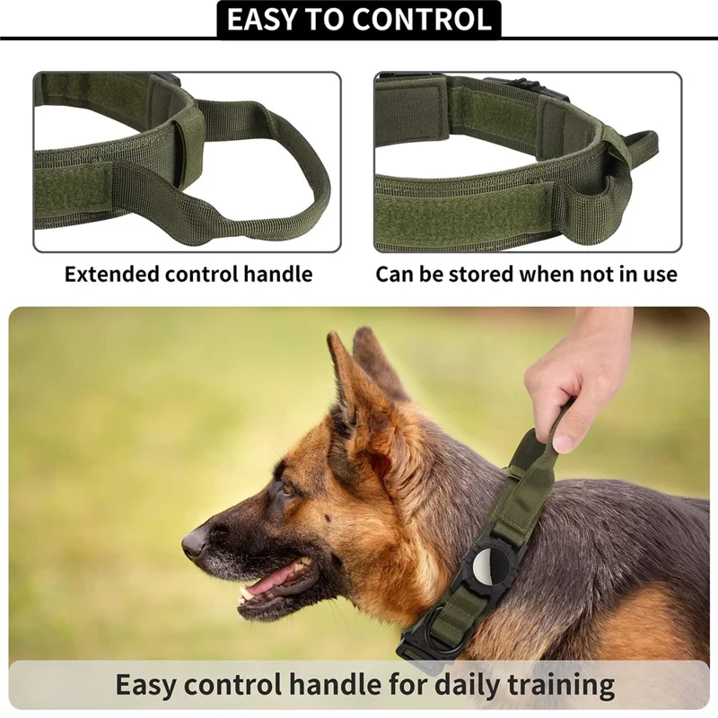 Tactical Dog Collar Nylon Adjustable Pet Collar Gift with Control Handle and Protective Cover for AirTag - Army Green / M