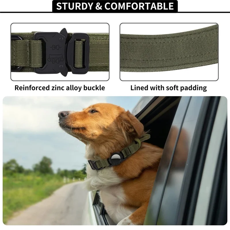 Tactical Dog Collar Nylon Adjustable Pet Collar Gift with Control Handle and Protective Cover for AirTag - Army Green / M
