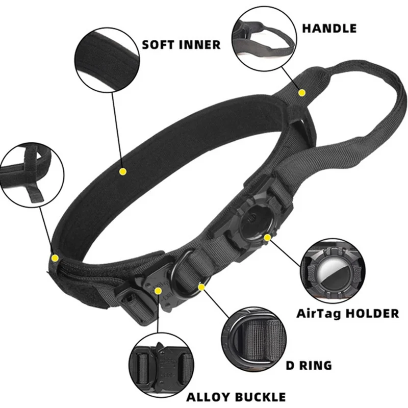Tactical Dog Collar Nylon Adjustable Pet Collar Gift with Control Handle and Protective Cover for AirTag - Army Green / M