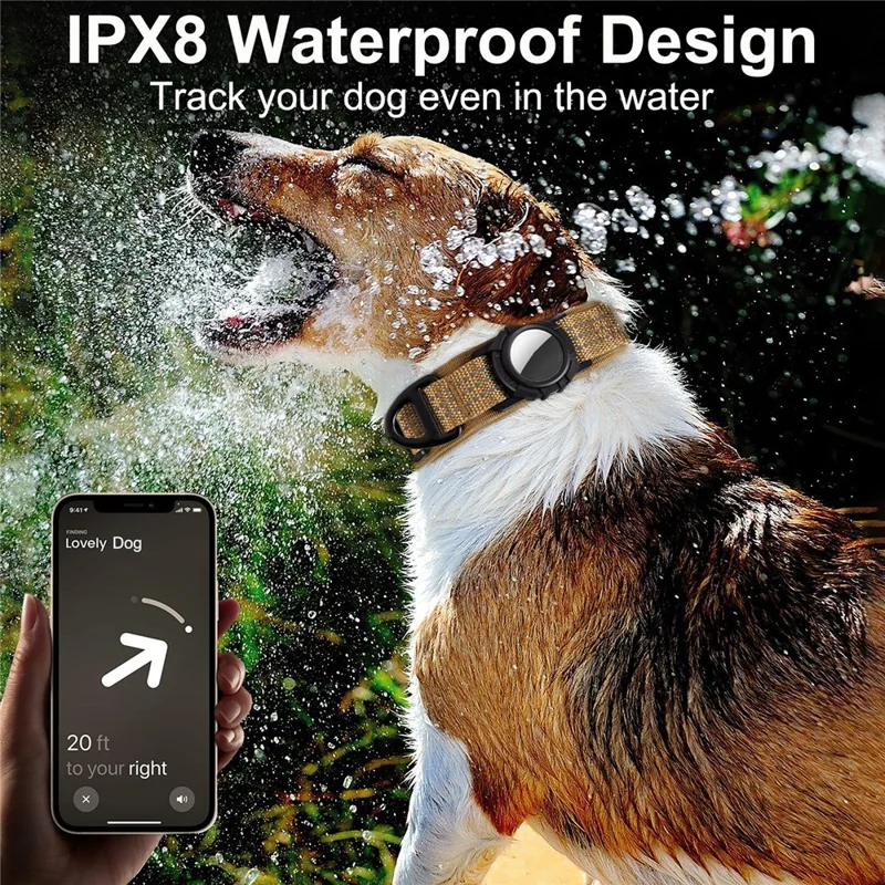 Collar de perro de nailon ajustable con funda protectora impermeable para AirTag - Camello / M