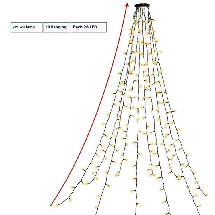 2m 280-Light Christmas Tree Decor Lamp Waterfall Hanging Christmas LED Light Strings, EU Plug - Warm White Light