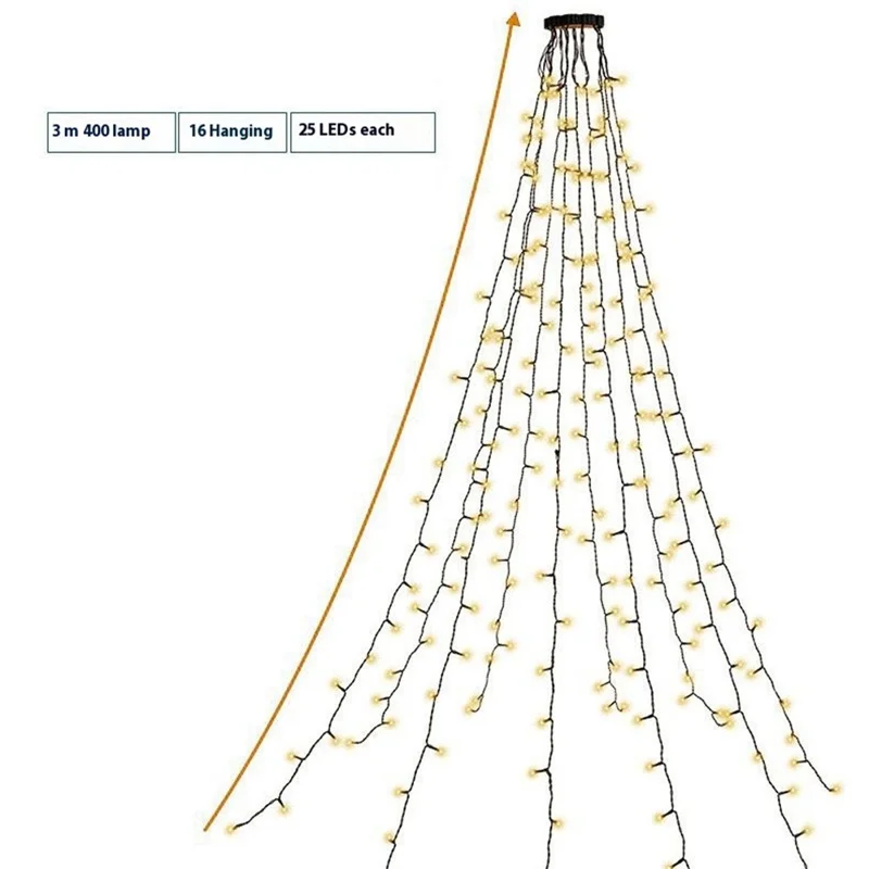 3m 400-Light Christmas Tree Decor Lamp Waterfall Hanging Christmas LED Light Strings, EU Plug - Warm White Light
