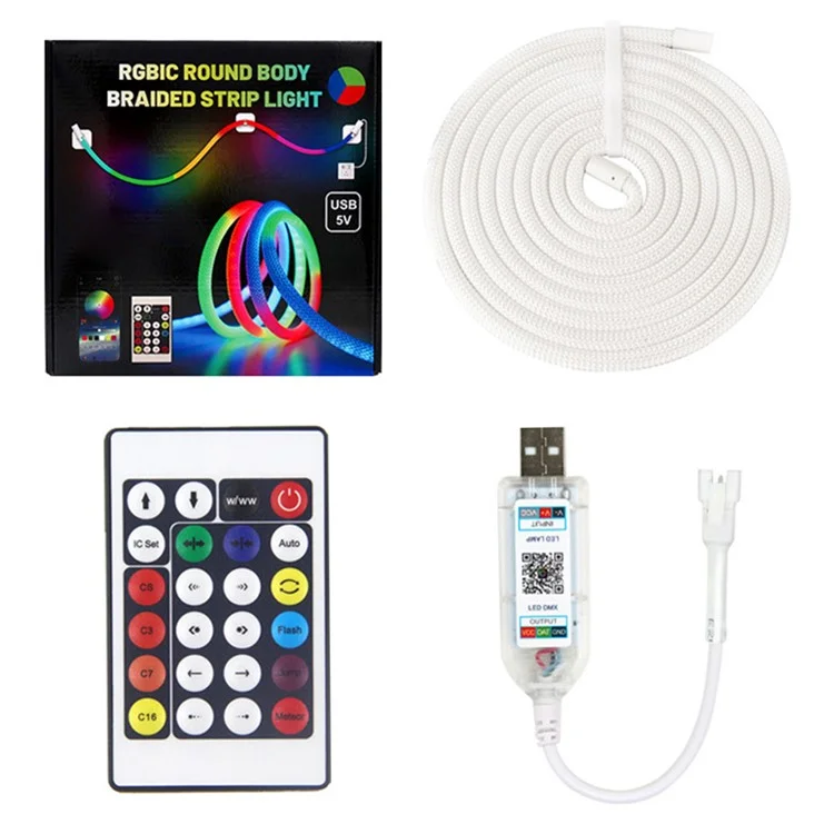Faixa de luz flexível de LED RGB redonda trançada de 2 m com controle de aplicativo inteligente, luz ambiente de néon