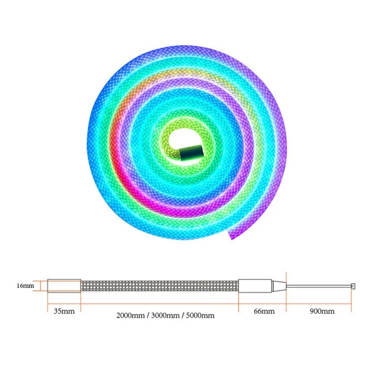Faixa de luz flexível de LED RGB redonda trançada de 2 m com controle de aplicativo inteligente, luz ambiente de néon