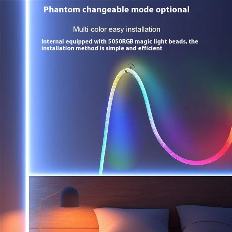 Faixa de luz flexível de LED RGB redonda trançada de 2 m com controle de aplicativo inteligente, luz ambiente de néon