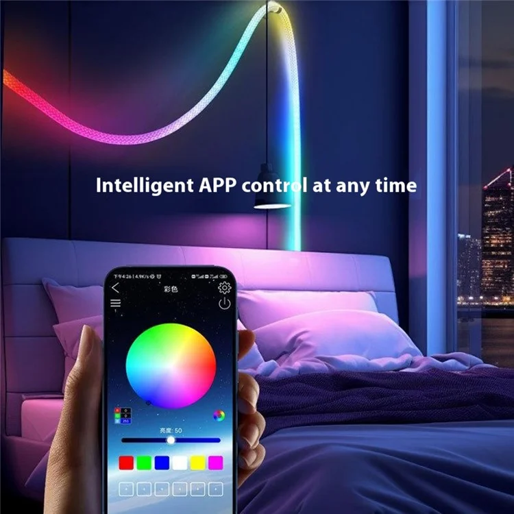 Faixa de luz flexível de LED RGB redonda trançada de 2 m com controle de aplicativo inteligente, luz ambiente de néon