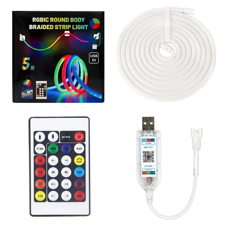 Faixa de luz LED RGB redonda entrançada de 5m, controle inteligente via aplicativo, luz ambiente flexível e de néon