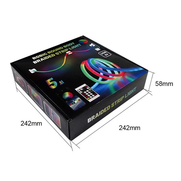 Faixa de luz LED RGB redonda entrançada de 5m, controle inteligente via aplicativo, luz ambiente flexível e de néon