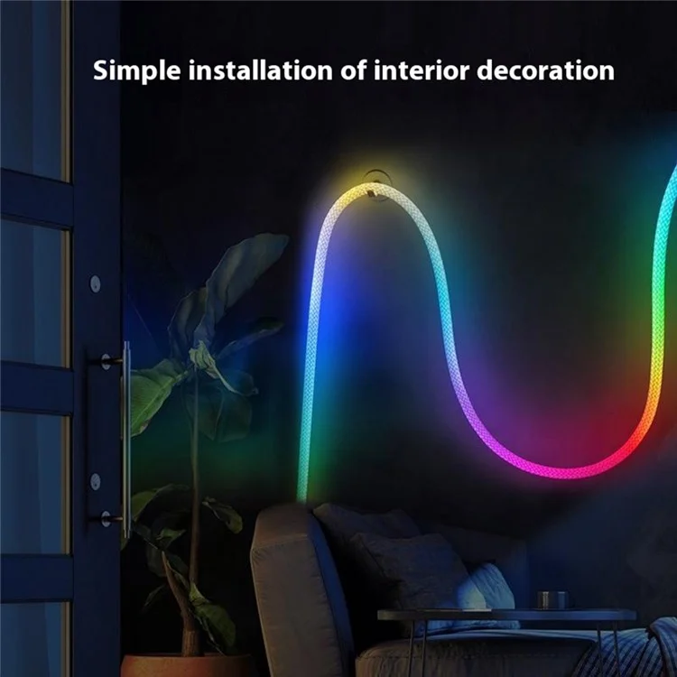 Faixa de luz LED RGB redonda entrançada de 5m, controle inteligente via aplicativo, luz ambiente flexível e de néon