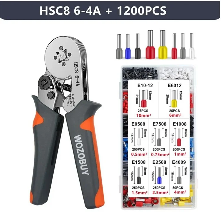 Alicates de crimpado de casquillos HSC8 6-4A con 1200 piezas terminales y kit de reparación eléctrica de conectores de cable
