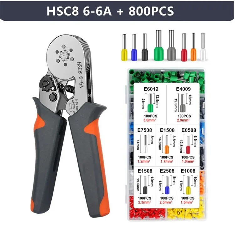 Alicates de engarce HSC8 6-6A con 800 piezas de terminales y kit de reparación eléctrica de conectores de cable.