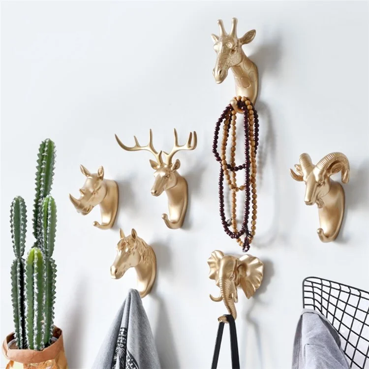 Goat Head Resin Hook Wall Art Jewelry Keys Scarf Bag Hanger Behind The Door Coat Rack - Gold
