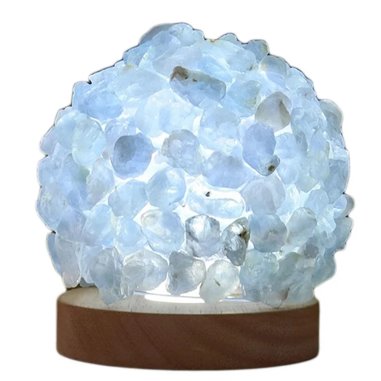 Lampe de table à boule de cristal naturelle avec base en bois pour le yoga, l'équilibre, la méditation, chargée par USB, veilleuse - Bleu ciel