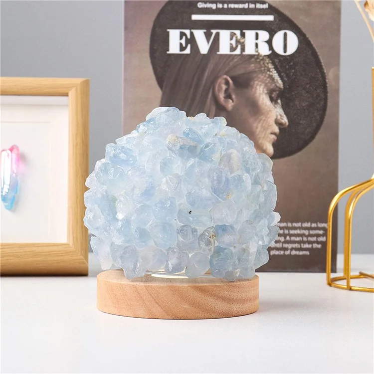 Lampe de table à boule de cristal naturelle avec base en bois pour le yoga, l'équilibre, la méditation, chargée par USB, veilleuse - Bleu ciel