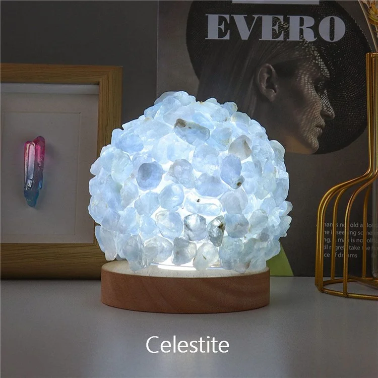 Lampe de table à boule de cristal naturelle avec base en bois pour le yoga, l'équilibre, la méditation, chargée par USB, veilleuse - Bleu ciel