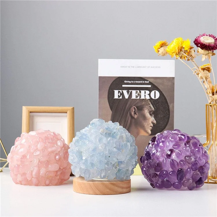 Lampe de table à boule de cristal naturelle avec base en bois pour le yoga, l'équilibre, la méditation, chargée par USB, veilleuse - Bleu ciel
