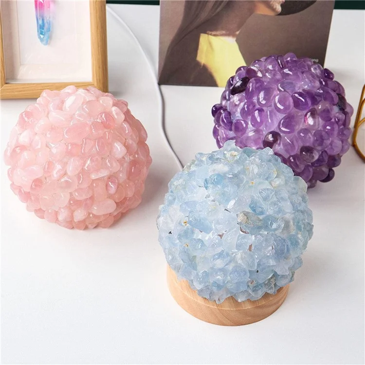Lampe de table à boule de cristal naturelle avec base en bois pour le yoga, l'équilibre, la méditation, chargée par USB, veilleuse - Bleu ciel