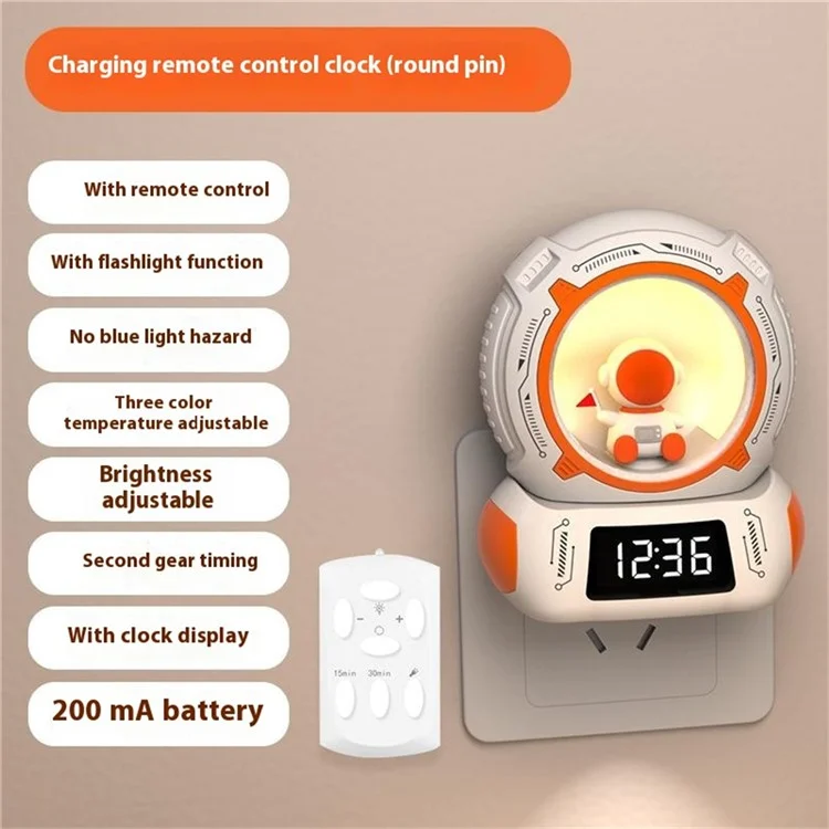 Lampada da comodino LED con timer, display orologio, ricaricabile e ruotabile.