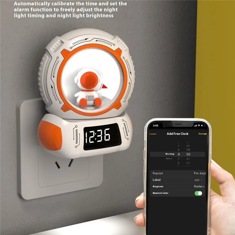 Lampada da comodino LED con timer, display orologio, ricaricabile e ruotabile.