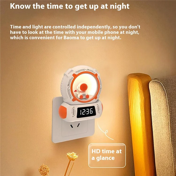 Lampada da comodino LED con timer, display orologio, ricaricabile e ruotabile.