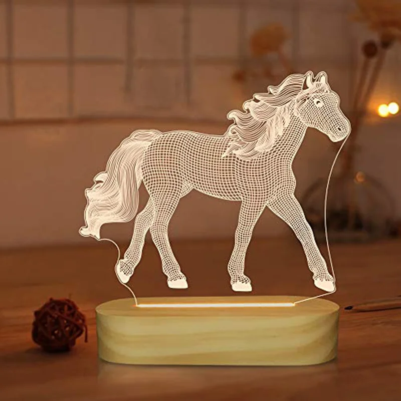 DY-480 3D Horse Colorful LED Night Light with Wooden Base USB Charging Bedroom Decorative Lamp