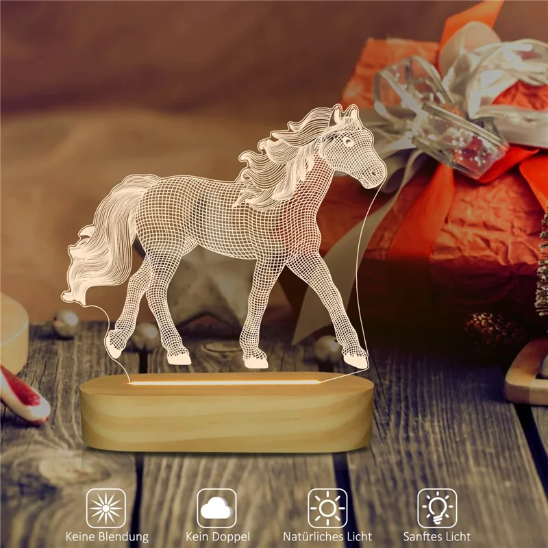 DY-480 3D Horse Colorful LED Night Light with Wooden Base USB Charging Bedroom Decorative Lamp
