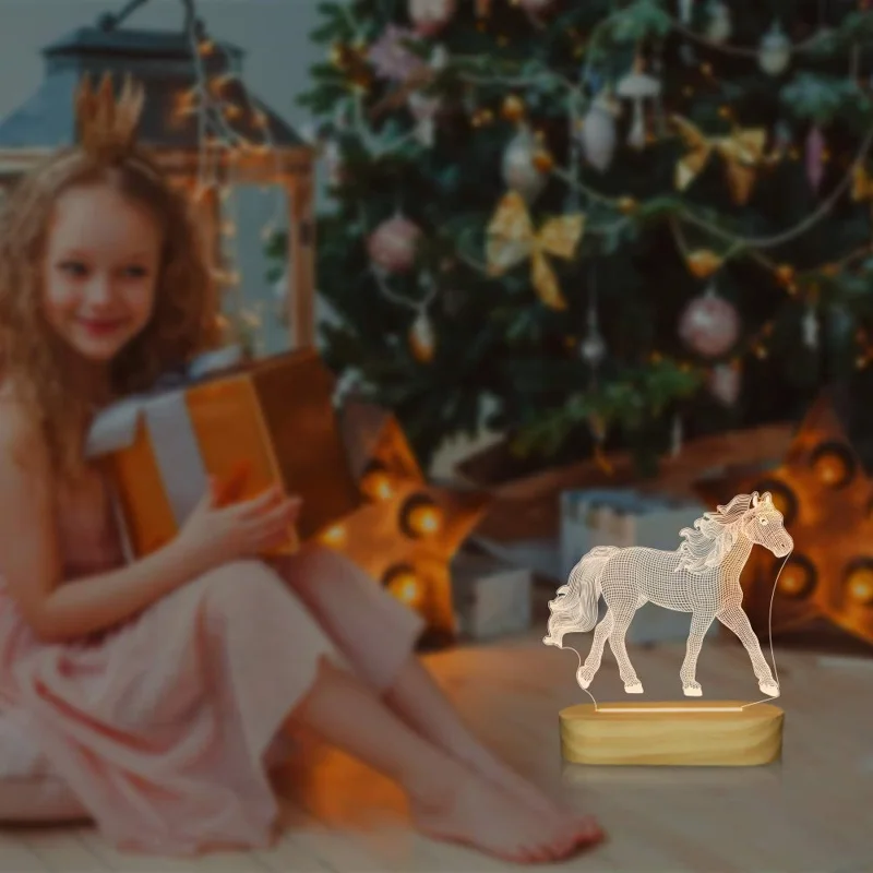DY-480 3D Horse Colorful LED Night Light with Wooden Base USB Charging Bedroom Decorative Lamp