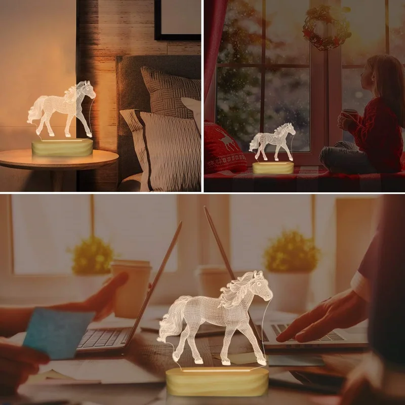 DY-480 3D Horse Colorful LED Night Light with Wooden Base USB Charging Bedroom Decorative Lamp