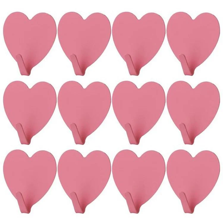 E711 12Pcs Iron Wall Mounted Hooks Heart-shaped Adhesive Hangers Decorative Hooks for Home Kitchen (with Adhesive Sticker) - Pink