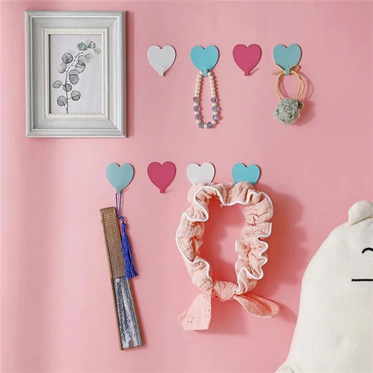 E711 12Pcs Iron Wall Mounted Hooks Heart-shaped Adhesive Hangers Decorative Hooks for Home Kitchen (with Adhesive Sticker) - Pink