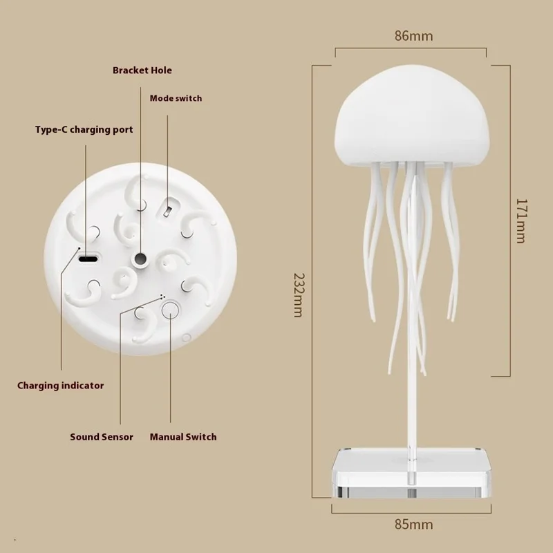Smart Color-Changing Sound-Activated Jellyfish Lamp Floating Tentacles Creative Mood Sensor Night Light with Plastic Base