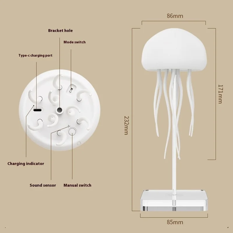 Smarte Farbwechsel Sound-aktivierte Quallen Lampe mit schwimmenden Tentakeln Kreative Stimmungs-Sensor Nachtlicht mit Acryl-Sockel