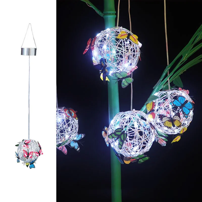 Small Butterfly Round Ball Light Decorative Solar Hanging Garden Light Waterproof Hanging Lamp - White Light