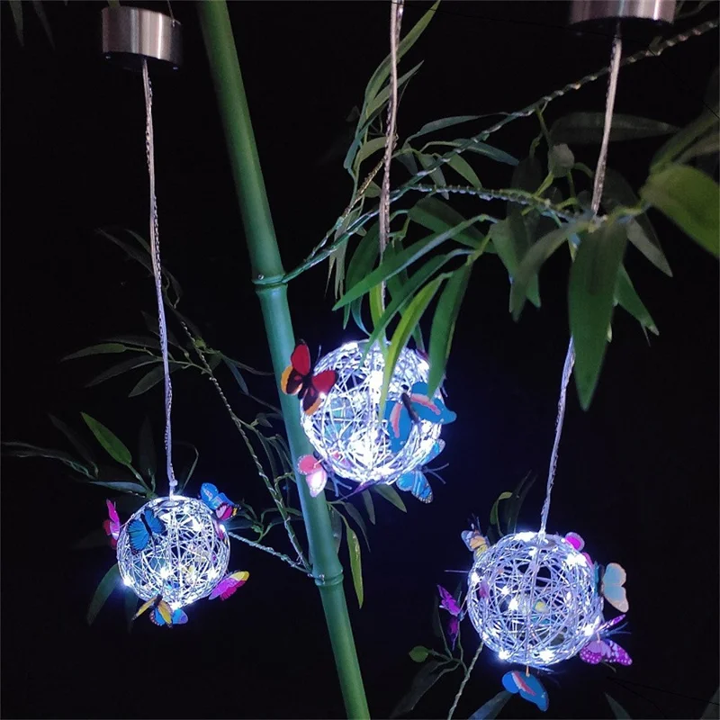 Small Butterfly Round Ball Light Decorative Solar Hanging Garden Light Waterproof Hanging Lamp - White Light
