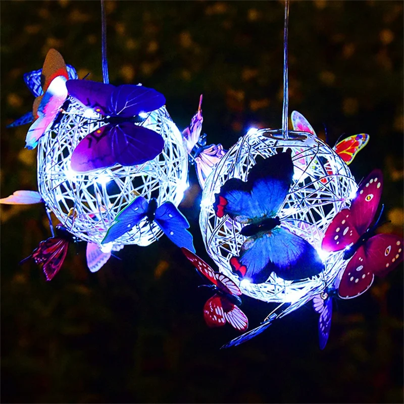 Small Butterfly Round Ball Light Decorative Solar Hanging Garden Light Waterproof Hanging Lamp - White Light