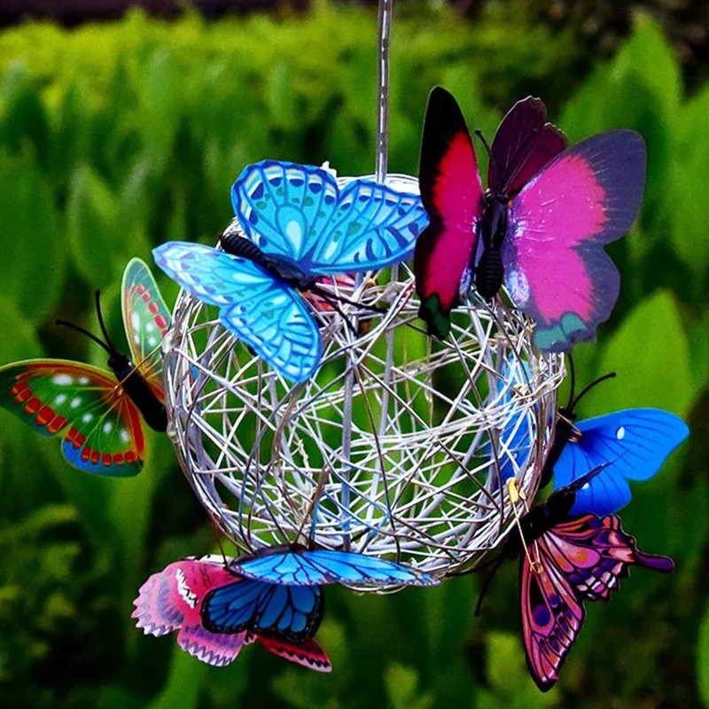 Small Butterfly Round Ball Light Decorative Solar Hanging Garden Light Waterproof Hanging Lamp - White Light