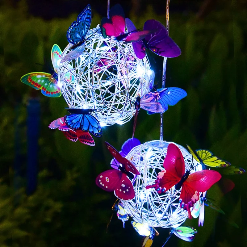 Small Butterfly Round Ball Light Decorative Solar Hanging Garden Light Waterproof Hanging Lamp - White Light