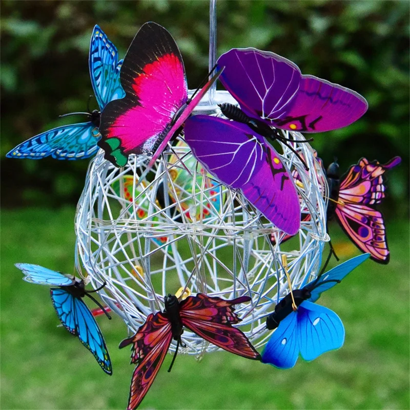 Small Butterfly Round Ball Light Decorative Solar Hanging Garden Light Waterproof Hanging Lamp - White Light
