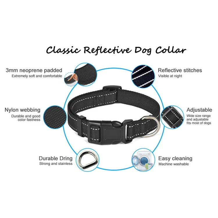 Weiches gepolstertes reflektierendes Nylon-Hundehalsband mit 1,5m Leine zum Gehen und Training, Größe M - Schwarz