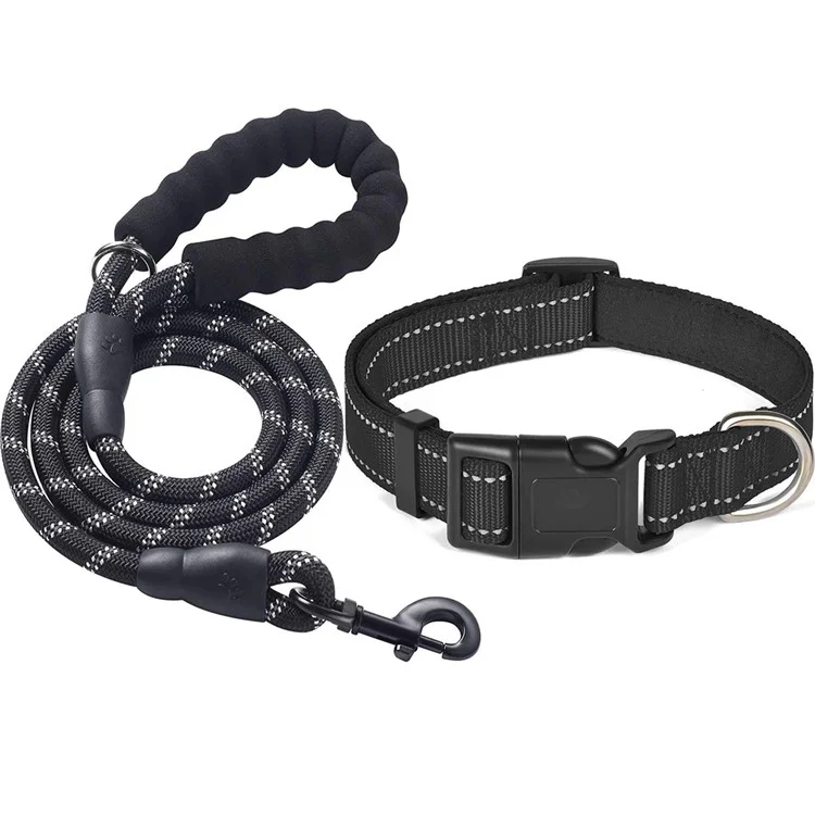 Weicher gepolsterter reflektierender Nylon-Hundehalsband mit verstellbarer Größe L - Schwarz, mit 1,5 m Leine zum Spazierengehen und Training