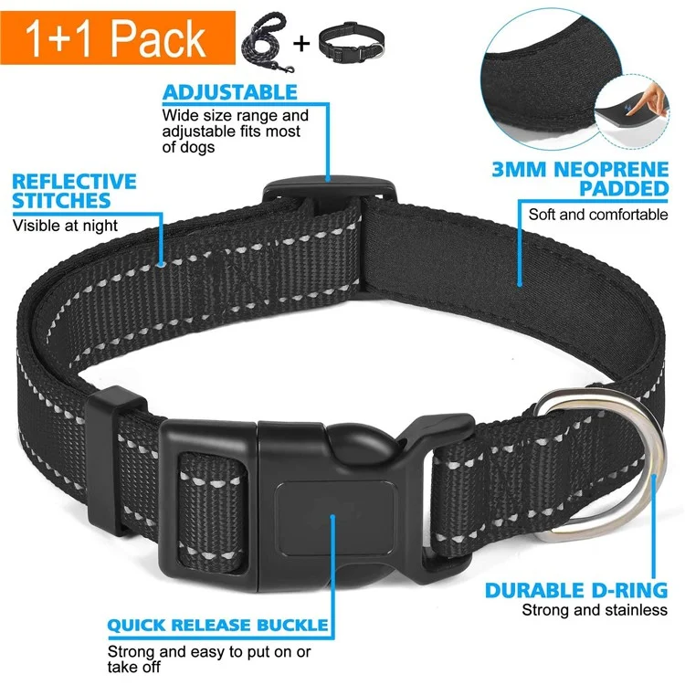 Weicher gepolsterter reflektierender Nylon-Hundehalsband mit verstellbarer Größe L - Schwarz, mit 1,5 m Leine zum Spazierengehen und Training