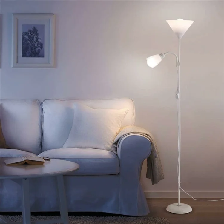 Luminária de Piso de Dupla Cabeça 220V para Sala de Estar, Quarto, Cabeceira e Sofá - Luz Clássica em Pé com Ângulo Ajustável (Plugue EU) - Branca