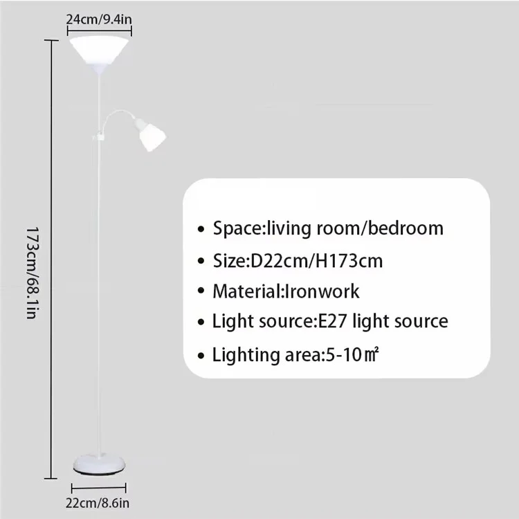 Luminária de Piso de Dupla Cabeça 220V para Sala de Estar, Quarto, Cabeceira e Sofá - Luz Clássica em Pé com Ângulo Ajustável (Plugue EU) - Branca