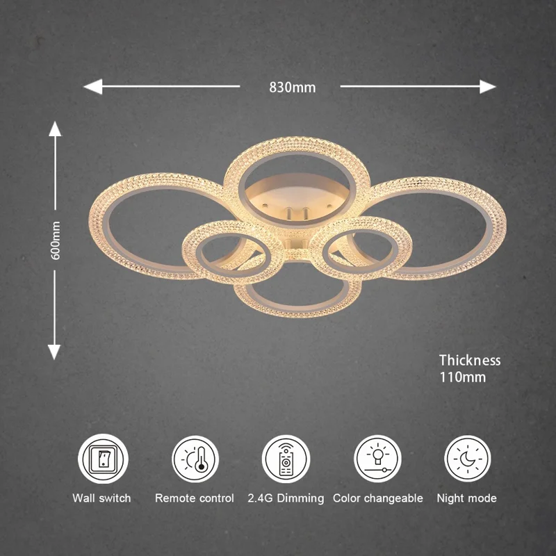 6 Rings Modern LED Ceiling Light for Living Room Dimmable Remote Control Chandelier Lamp