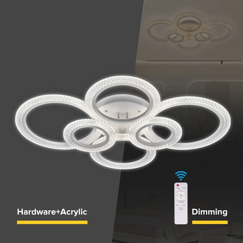 6 Rings Modern LED Ceiling Light for Living Room Dimmable Remote Control Chandelier Lamp