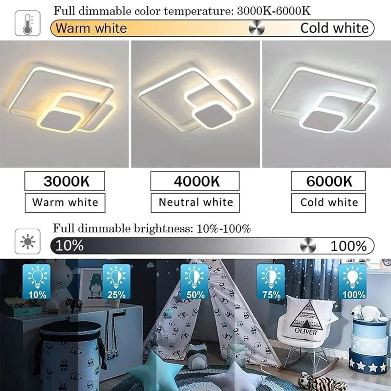 Plafoniera LED Quadrata Moderna Dimmerabile Tre Colori con Telecomando per Soggiorno e Camera da Letto