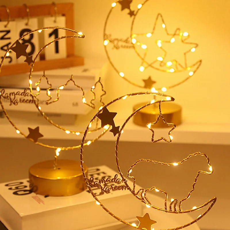 Creative Moon Shape Iron Art Table Lamp Battery Powered Copper Wire Night Light Bedroom Decor - Moon and Star