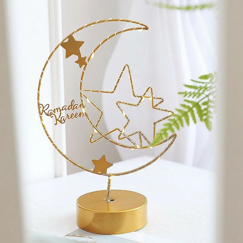 Creative Moon Shape Iron Art Table Lamp Battery Powered Copper Wire Night Light Bedroom Decor - Moon and Star