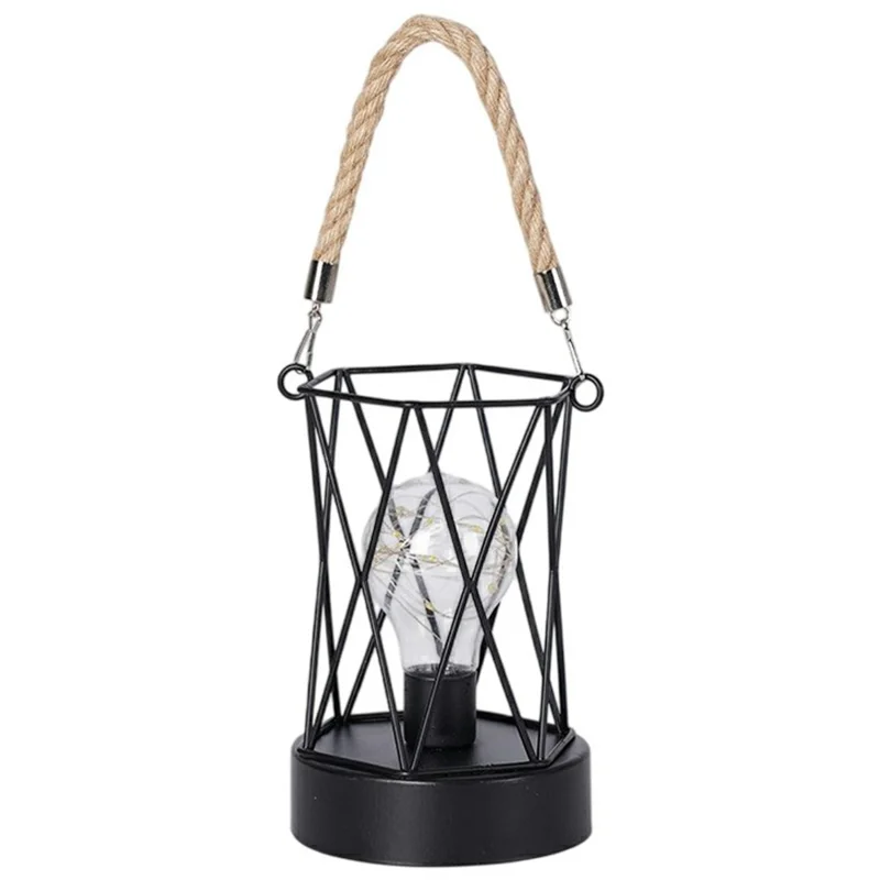 Retro Hollow Out Iron Art Hexagonal Handheld Lantern Portable LED Copper Wire Bulb Table Lamp