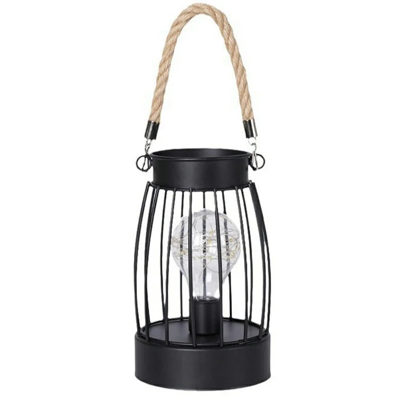Retro Hollow Out Vertical Striped Iron Art Handheld Lantern Portable LED Copper Wire Bulb Table Lamp